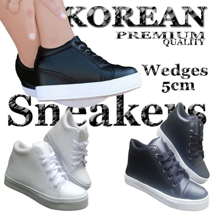 Hot!! Sneakers Wanita Hak Tinggi 5Cm / Sepatu Sneaker Cewek Hitam Putih