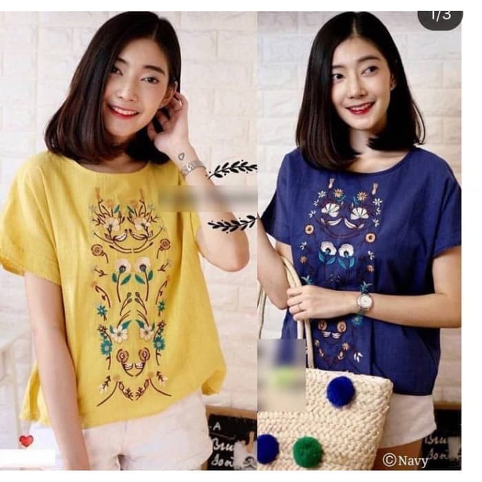 Atasan Wanita Blouse Top Lady flower ECL bahan katun paris bordir fit to L besar - Navy Murah