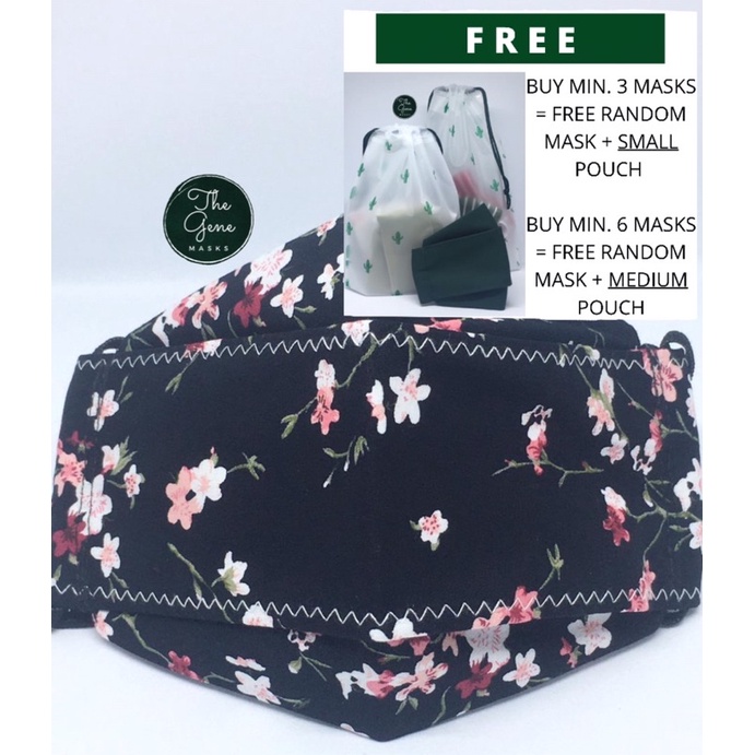 Masker Kain 3 Lapis Premium Bunga Bunga Cantik Hitam Pink Putih Bagus Motif