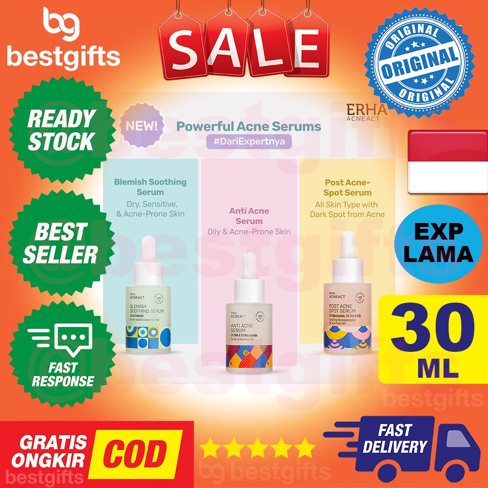 ERHA ACNEACT BLEMISH SOOTHING SERUM CICA PREBIOTIC MELAWAN BAKTERI JERAWAT KULIT MUKA KEMERAHAN 30 ML