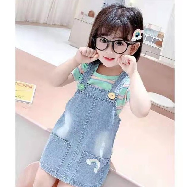 KF CAT Dress Jeans Overall Anak Perempuan Motif Stripe Rainbow Import Pakaian Anak Cewek 9bulan - 3tahun-5