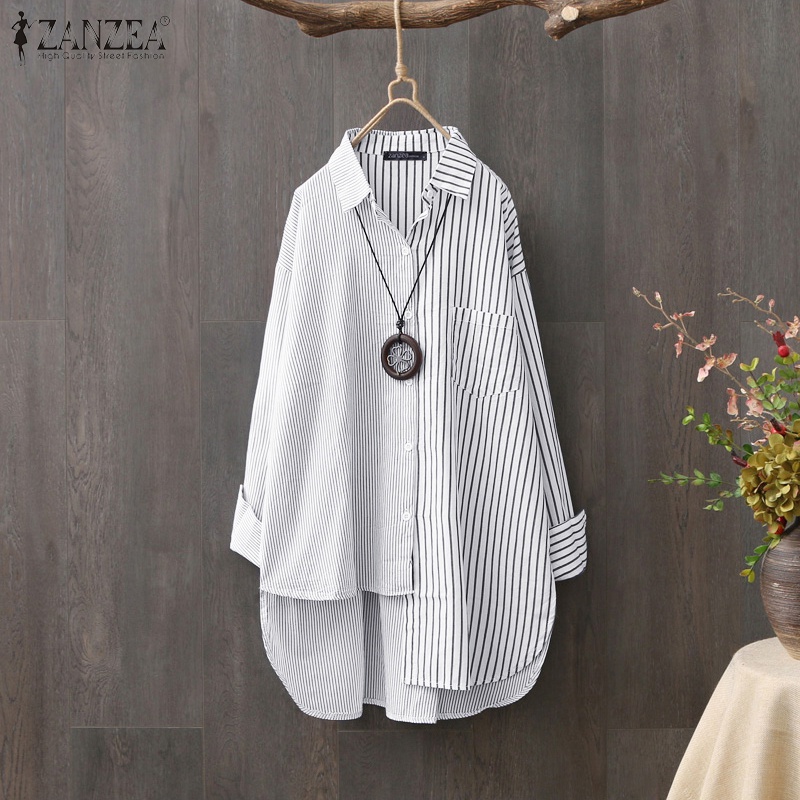 ZANZEA Women Buttons Down Patchwork Asymmetrical Stripe Lapel Blouse