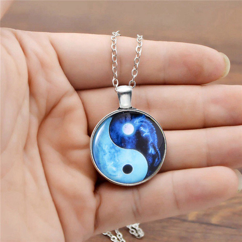 Chinese Feng Shui Bagua Yin Yang Tai Chi Pendant Necklace Flower Butterfly Glass Cabochon Charm Chain Necklace Jewelry|Pendant Necklaces