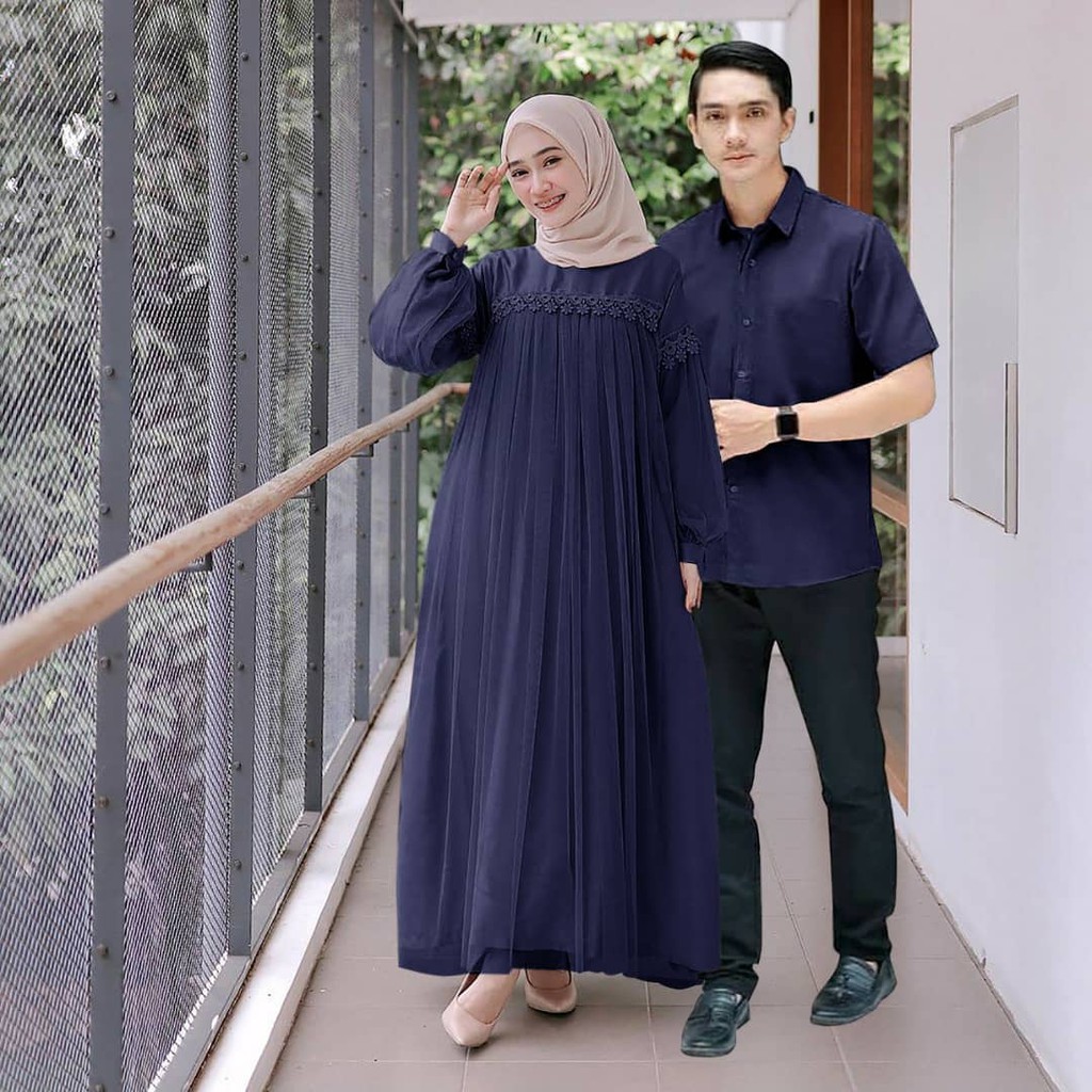 ATTA COUPLE bahan MOSSCRAPE MIX TILE TUTU COMBI RENDA Gamis Couple Model Terbaru Fashionable + Kemeja Pria ukuran one size Couple pasangan lebaran 2023 kekinian Couple pasangan dress dan kemeja Couple jumbo suami istri