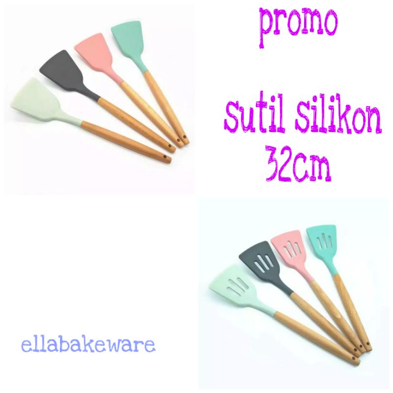 Sutil Silikon Spatula Silicone Turner Handle Kayu