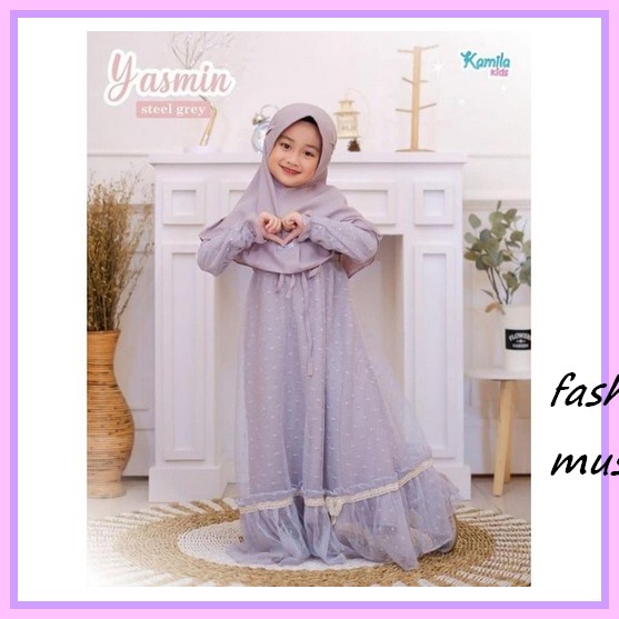 Dress Muslim Anak / Baju Pesta Muslim Anak Perempuan Tutu Kids 03 Untuk Usia 2-10 Tahun Baju Muslim Anak Perempuan Gamis Anak 6 Tahun Yasmin 5-6 Th - Grey