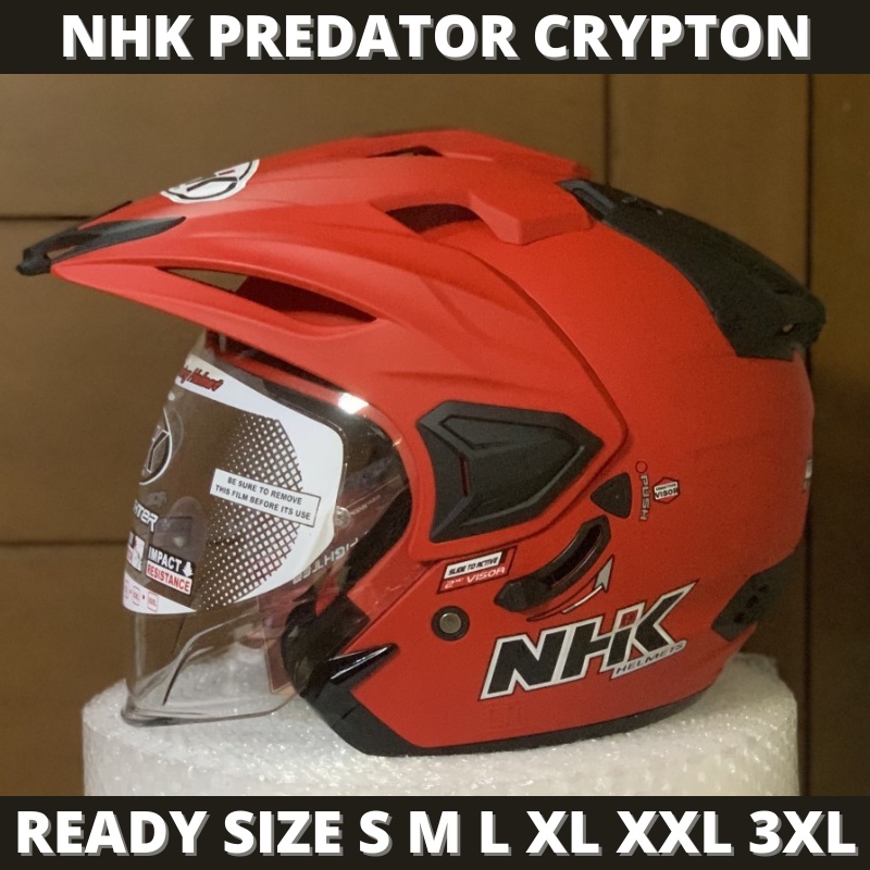 Helm NHK Predator Crypton Solid Red Doff Merah Dop Double Visor Half Face - Helem Motor SNI DOT Touring Dewasa Pria Wanita Cewek Cowok Helmet Keren Terbaru Original