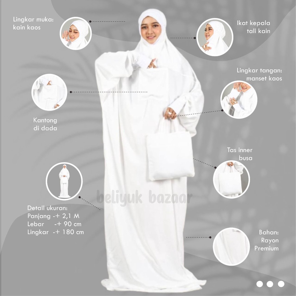 Mukena Mukenah Premium Terusan Malaysia Manset Rayon Jumbo Dewasa Travel Adem Dingin Halus Lembut Putih