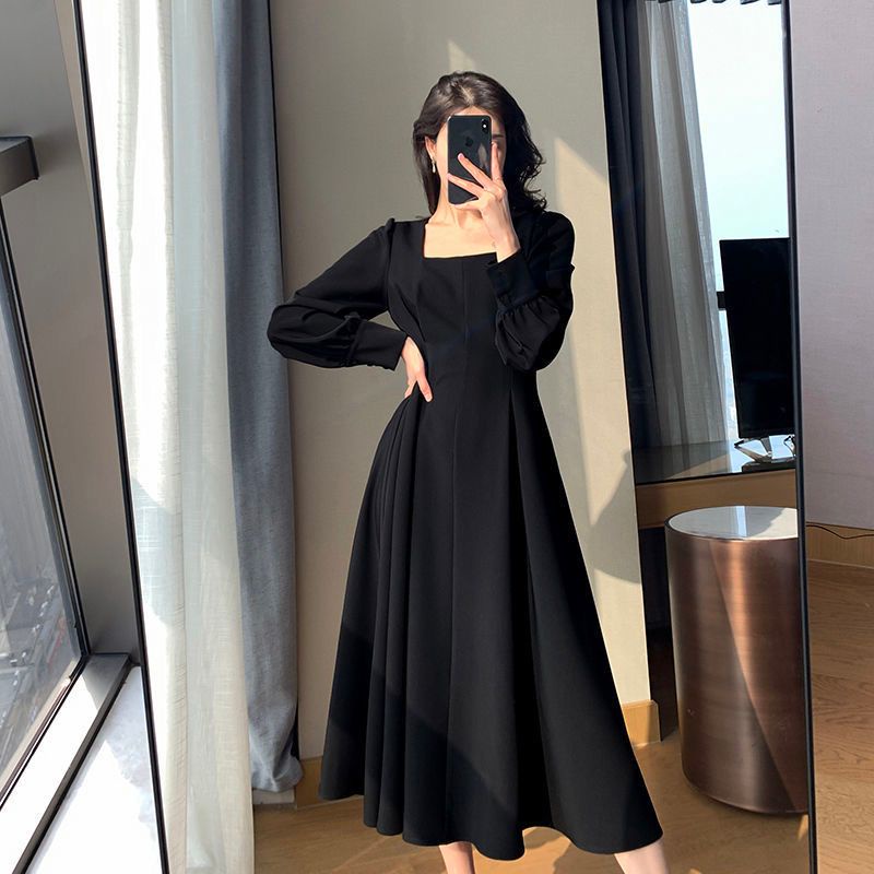 U Neck Dress Wanita Lengan Panjang Elegan Dress / Korean Party Dress Square Neck - 100% IMPORT