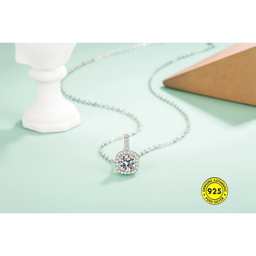 Kalung Rantai Sterling Silver 925 Dengan Liontin Batu Zircon Kotak Untuk Wanita