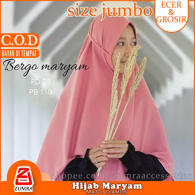 jilbab Bergo Maryam 2 size Standart &amp; Jumbo Diamon Tanpa Ped Style Ala Selebgram Harian Casual