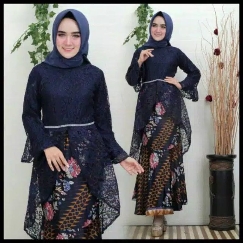 TERLARIS - SETELAN KEBAYA SYAHRINI BROKAT MODERN / KEBAYA TUNIK MODIS KEKINIAN / GOLD / NAVY-4