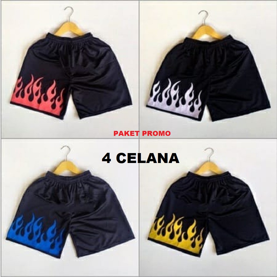 PAKET MURAH 4 CELANA KOLOR PENDEK MOTIF API / PRIA KOLOR  BLACK ON FIRE