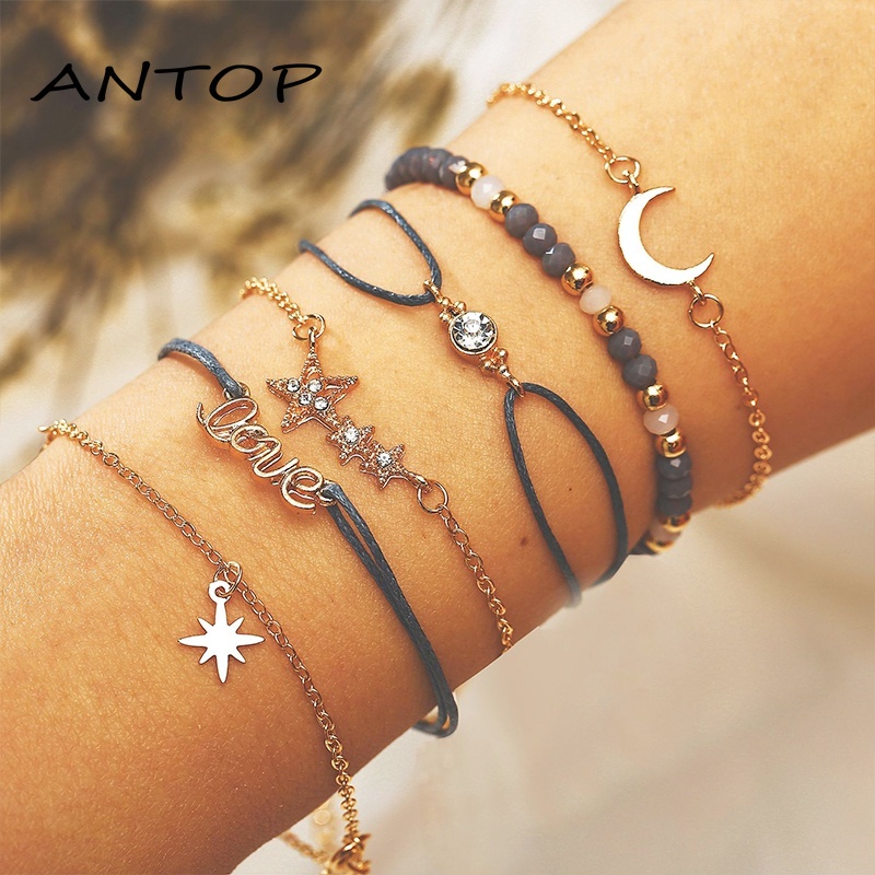 6 Pcs Retro Gelang Set Bintang Bulan Gelang Fashion Wanita Aksesoris Hadiah Teman Terbaik ANTOP