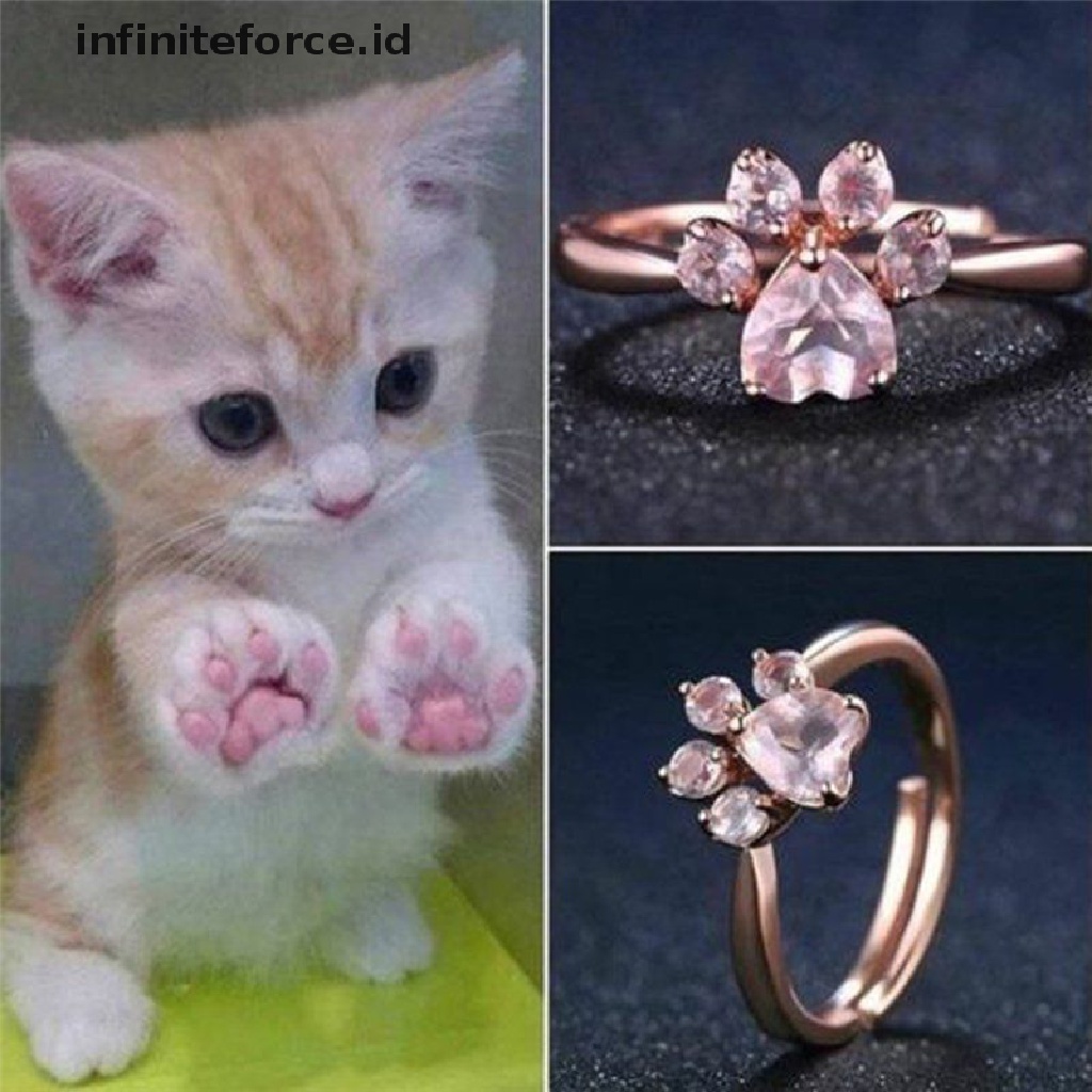 Cincin Terbuka Adjustable Model Telapak Kaki Kucing Warna Rose Gold Dengan Batu Zircon Untuk Wanita