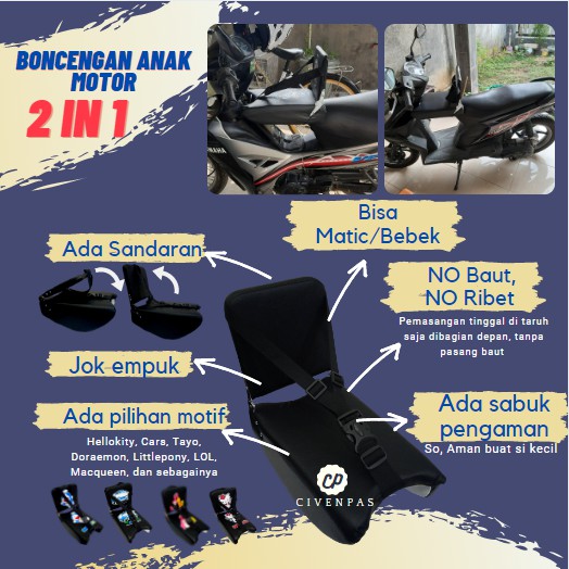 Kursi Bonceng Anak karakter kartun Tempat Duduk Anak Di motor Matic dan Motor Bebek Terlaris 2 in 1