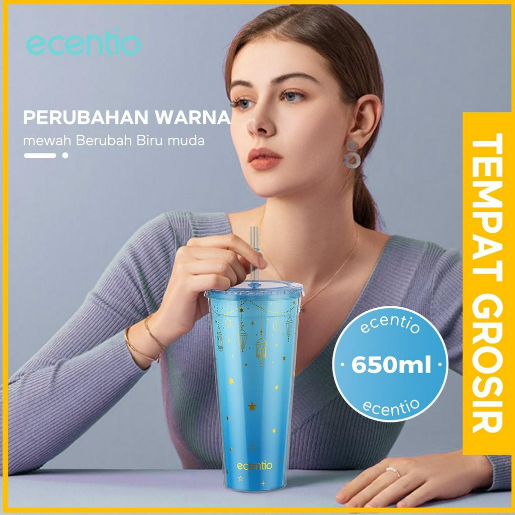 ecentio tumbler minum kopi sedotan 650ml hampers Serendipity seri Ramadhan ONLY/botol air minum/Berubah Biru