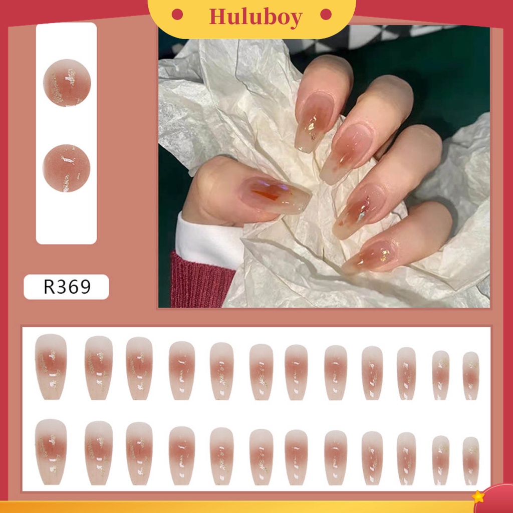 Huluboy Huluboy♡ 24pcs / Box Kuku Palsu Warna Caramel Gradasi Bahan ABS Untuk Nail Art