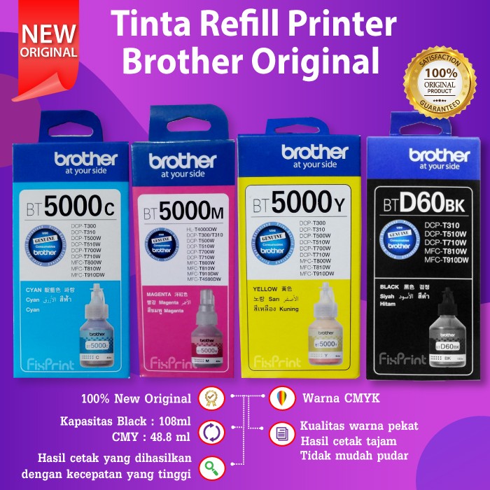 Tinta Brother BTD60bk D60bk D60 Black BT5000 Cyan Magenta Yellow Ori