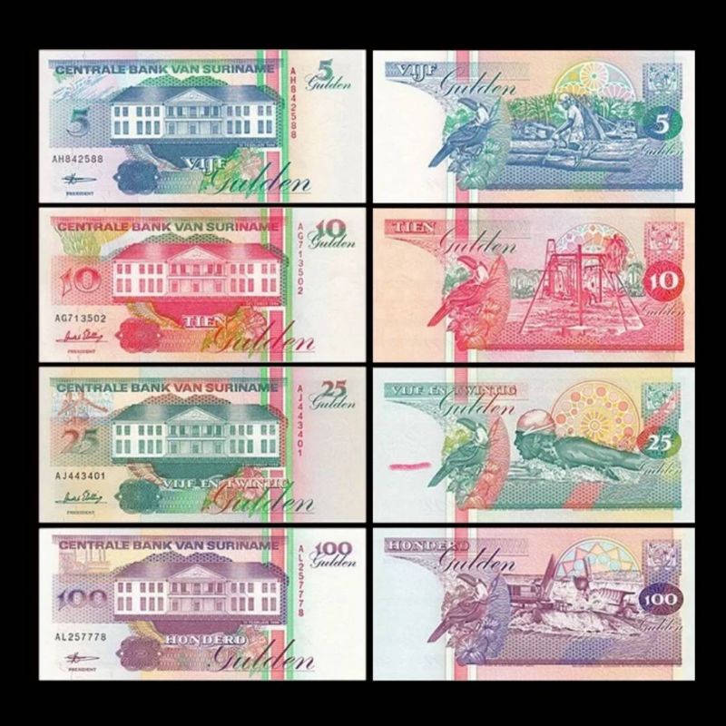 UANG SURINAME 5 10 50 100 GULDEN 1996/98 UNC ALL 4 LEMBAR