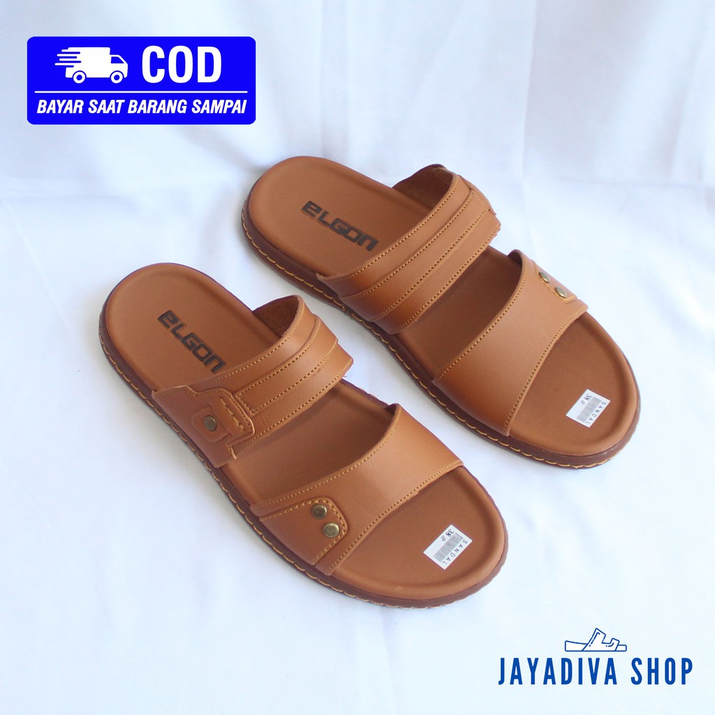 Sandal Tali Dua Semi Kulit/Sandal Merek Elgon/Fashion Sandal Pria Terbaru - Tan