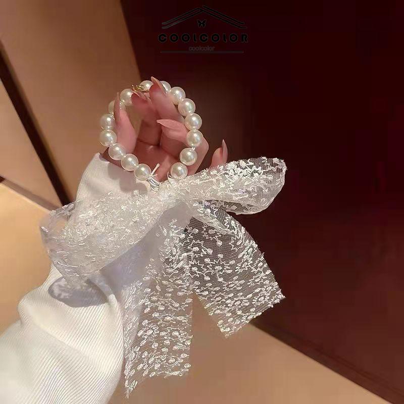 COD❤️Rambut Tali Sederhana Temperamen Renda Mutiara Jepit Rambut  Busur Simpul Rambut Band Karet Gelang Wanita Perhiasan Fashion Aksesoris Impor Murah