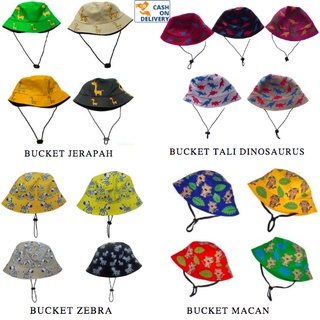 Bucket Hat Anak Tali Usia 1-8 Tahun Sablon Karakter Jerapah / Zebra / Macan / Dinosaurus Kualitas Premium