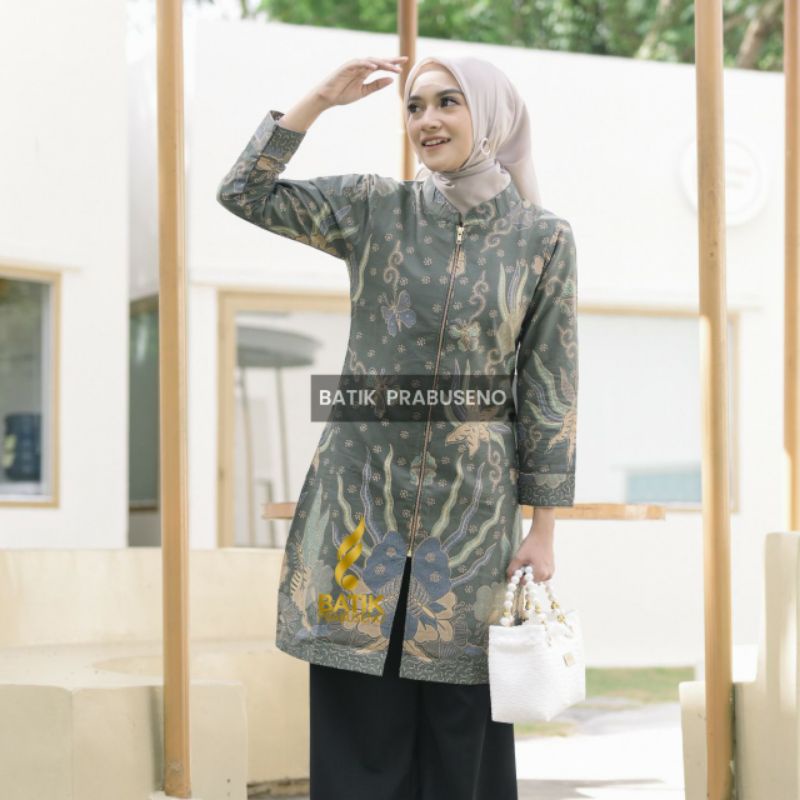 Baju Atasan Batik Cewek Lengan Panjang Lapis Trikot Tunik & Outer Busui Ori Prabuseno Fashion Muslim