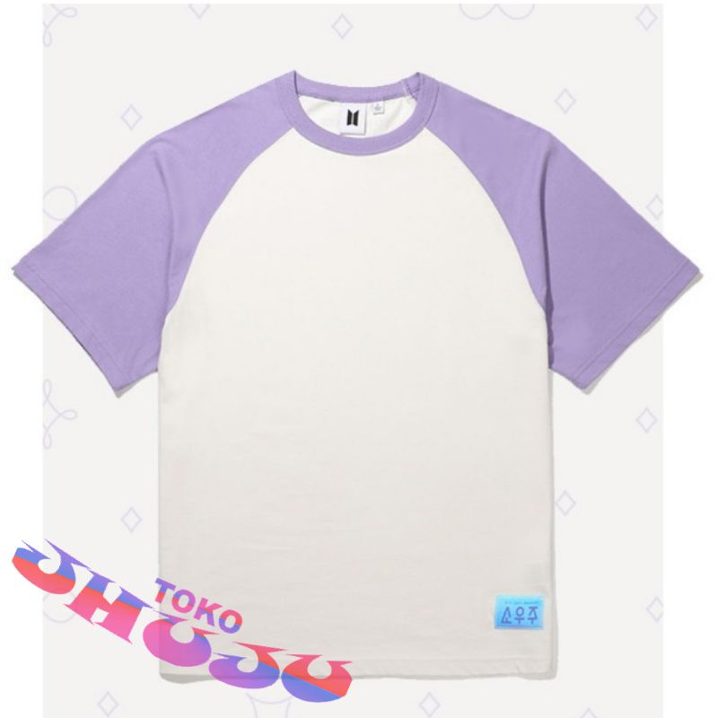 Baju Tshirt RAGLAN BTS 2021 Muster Sowoozoo Warna body Putih Lengan Ungu Muda