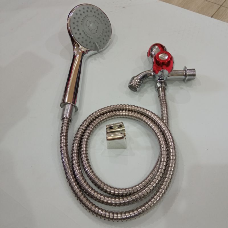 PAKET Hand shower Bonus Kran Cabang - Keran Double Bagus Handel Bulat Warna