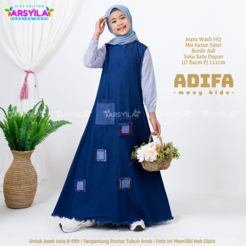 GAMIS JEANS ADIFA DRESS PANJANG ANAK PEREMPUAN UMUR UMUR 8-11 TAHUN