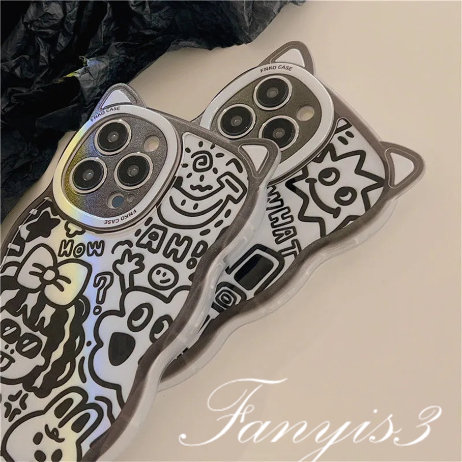 Compatible For iPhone 14 13 12 11 Pro Max X XR Xs Max 8 7 6 6s Plus SE 2020 Soft Case Pelindung Desain Telinga Kucing Graffiti Untuk