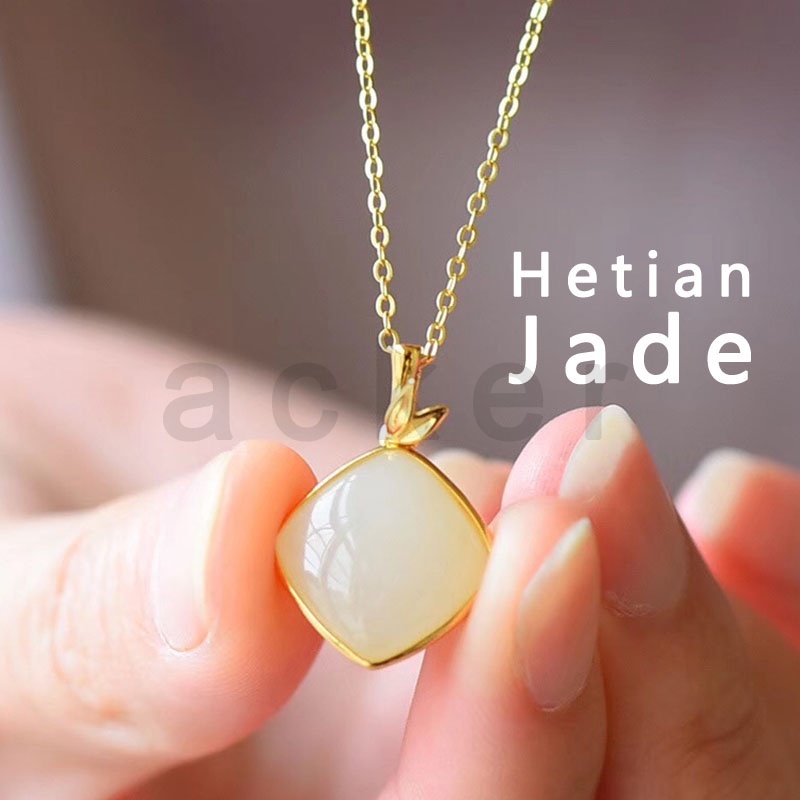 Kalung Liontin Giok Hetian Bahan S925 Sterling Silver Untuk Wanita