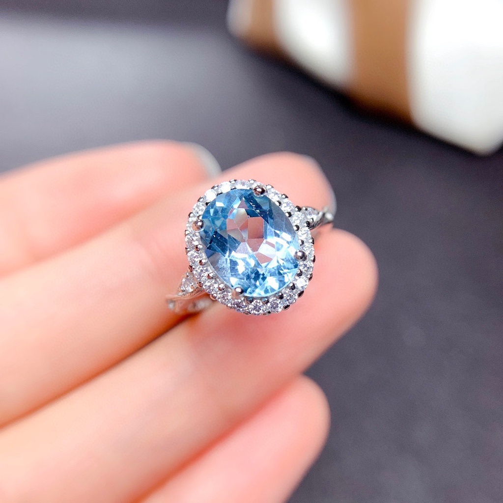 Cincin Berlian Oval Wanita 925 Perak Langit Biru