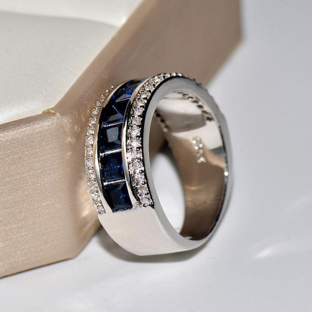 Timekey Cincin Tunangan Sterling Silver 925 Hias Berlian Sapphire Biru Untuk Pria / Wanita A1K2