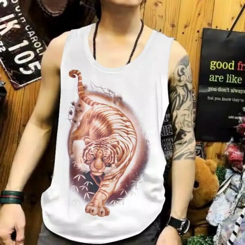 Kaos tanpa lengan Singlet Lekbong pria Khusus Putih Motif Macan Gold