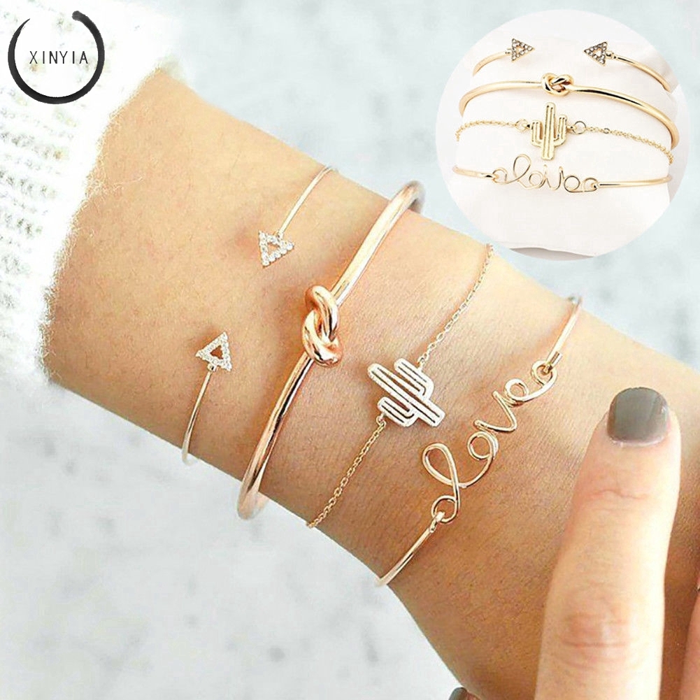 4Pcs/Set Gelang Women Gilr Gold Triangle Knot Love Cactus Opening Bangle Chain Bracelet