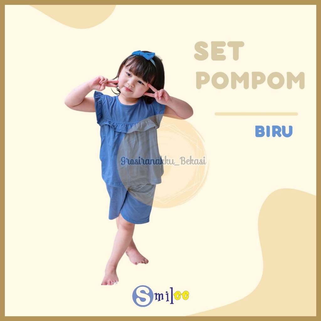 Setelan Anak Kaos Smilee Pompom Warna Biru Size 1-5Tahun