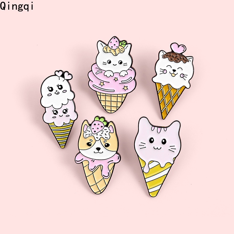 Bros Pin Enamel Desain Kartun Es Krim Anjing Kucing Untuk Dekorasi Pakaian