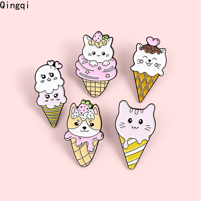 Bros Pin Enamel Desain Kartun Es Krim Anjing Kucing Untuk Dekorasi Pakaian