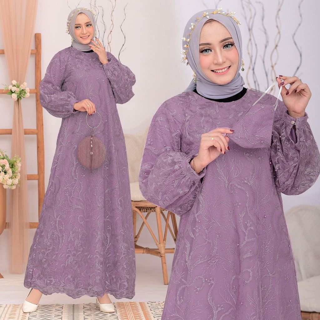 Aruni Gamis Terbaru Full Brukat Tile Mutiara Lebaran Maxi Dress Pesta Bridesmaid Kondangan Size Jumbo