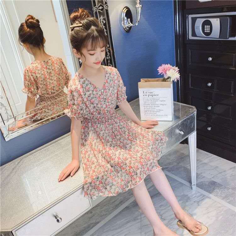 Gaun anak perempuan style casual bahan Chiffon dress anak cewek import 5-10 tahun-2