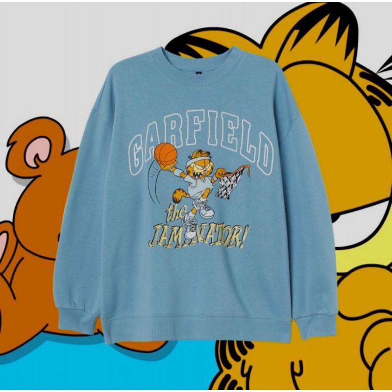Crewneck Sweater Pria Wanita HnM H&amp;M Garfield Pigeon Blue Full Tag / Garfield Black Full Tag