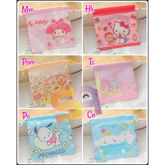 Pouch serut sanrio mymelody hellokitty pompurin twinstar snoopy cinnamonroll