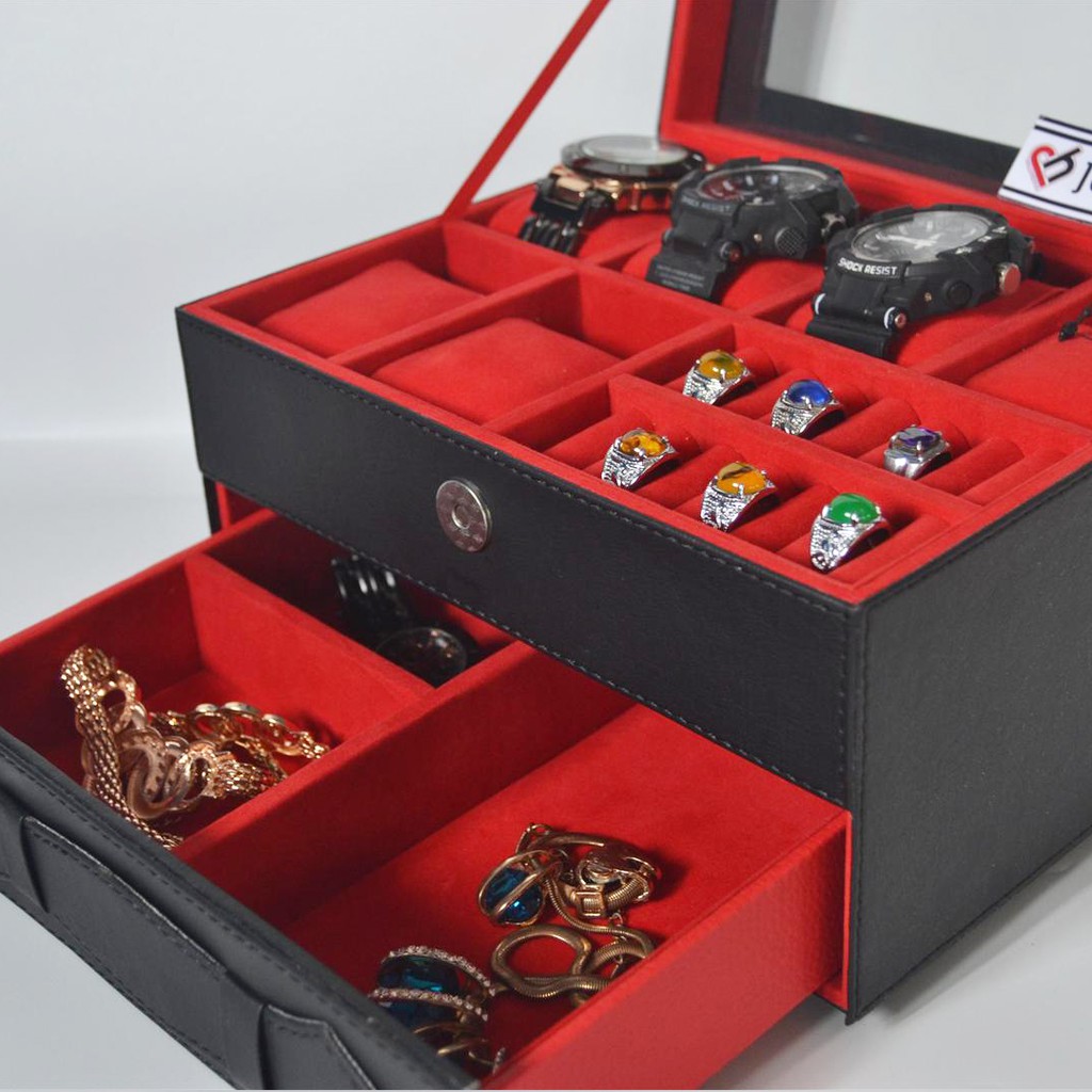 ORIGINAL Watch Box Organizer - Kotak Tempat Jam Tangan Sport &amp; Tempat Perhiasan Berlaci Hitam Merah