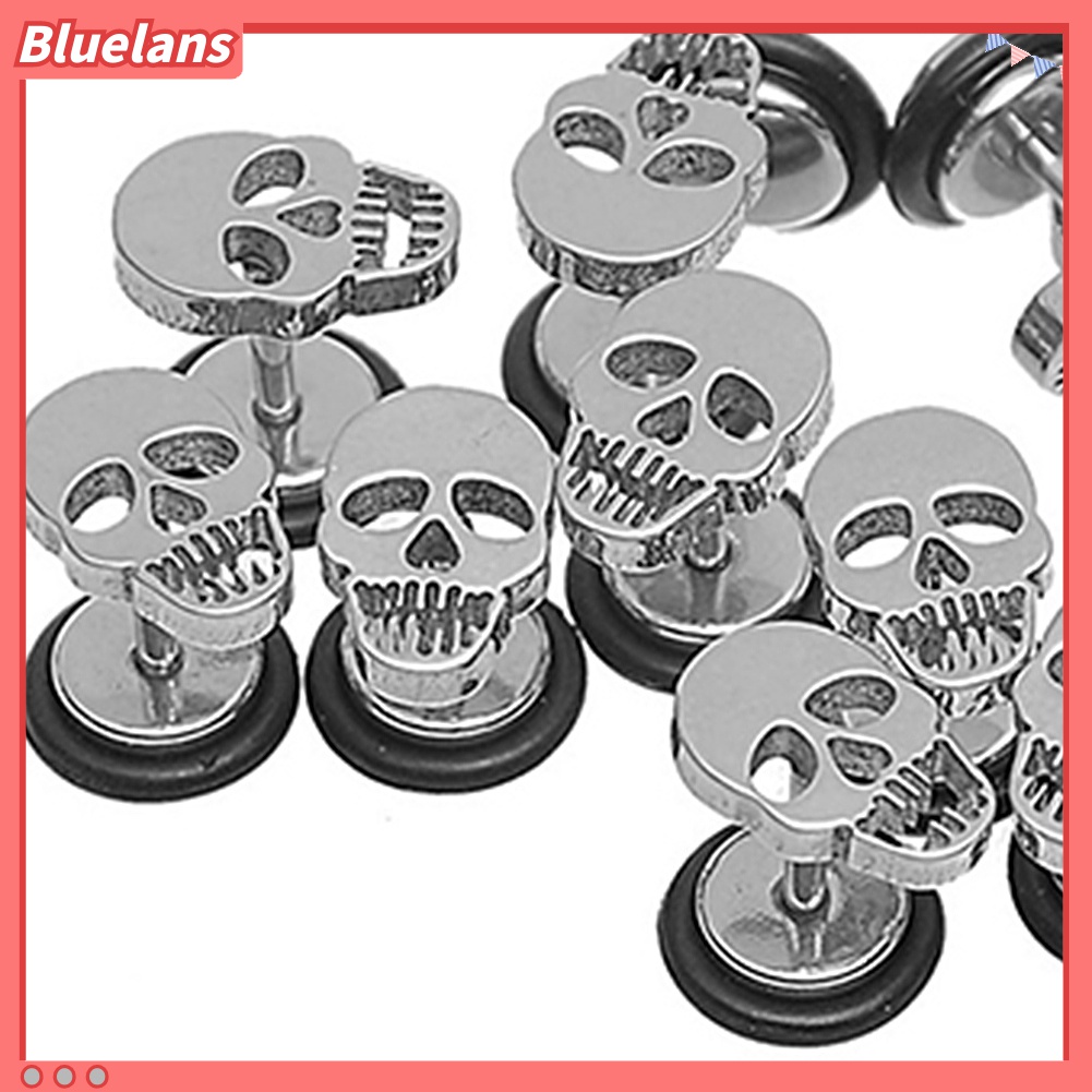 1 Pasang Anting Stud Bentuk Barbel Tengkorak Bahan Stainless Steel Gaya Punk Gothic Untuk Unisex