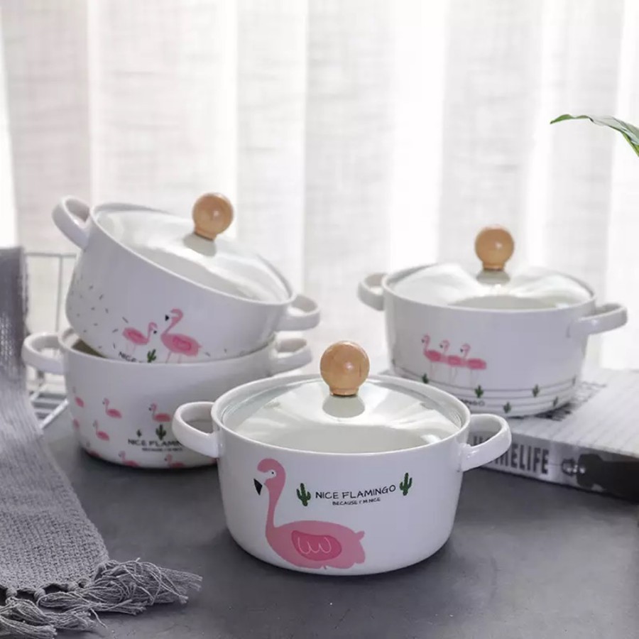 Flamingo Soup Bowl Panci Keramik Tutup Kaca Transparan