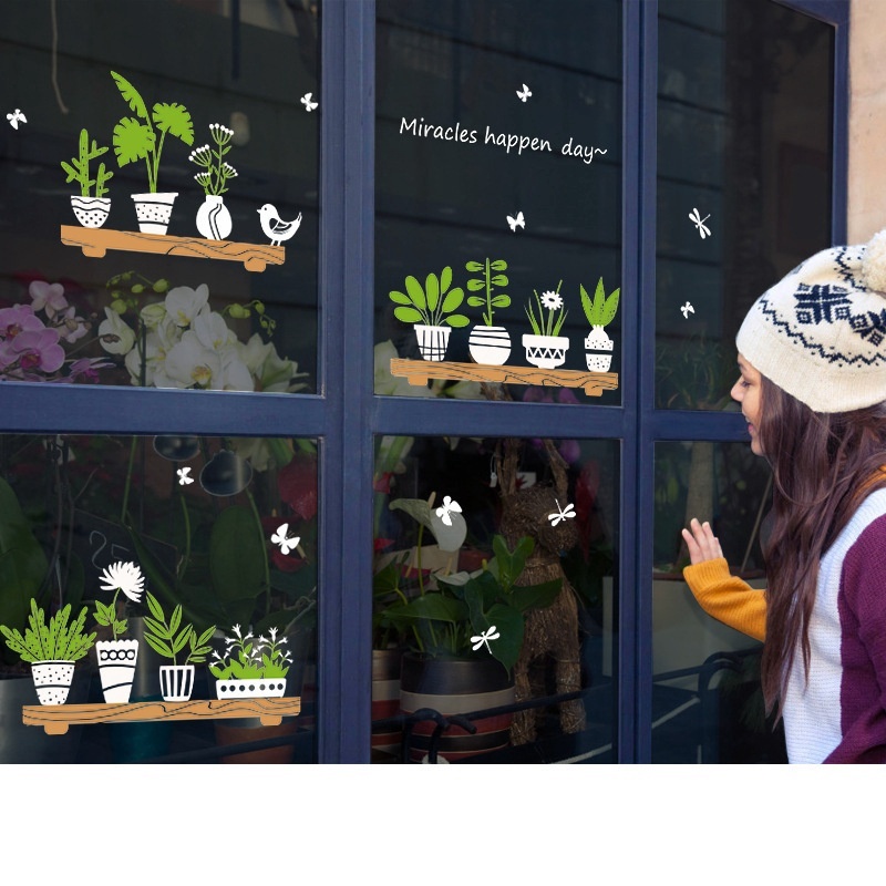 45x60cm Creative Waterproof Fresh Potted Plant Wall Sticker Wall Decals for Cafe Glass Door Window Decor