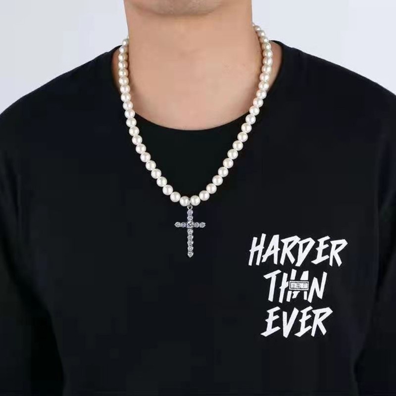 Glitter Imitation Pearls Chain Vintage Artificial Diamond Cross Pendant Necklace Jewelry