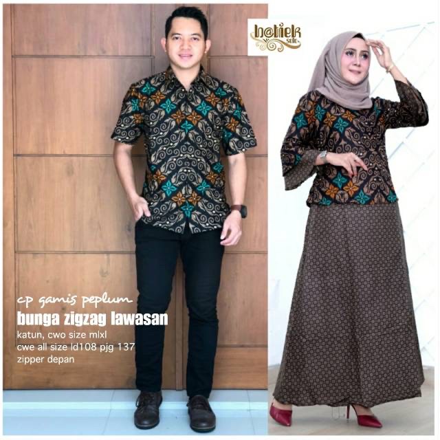 Couple Gamis Peplum Bunga Zigzag Lawasan Batik Marini Long Maxi Muslim Pesta Seragaman Sarimbit